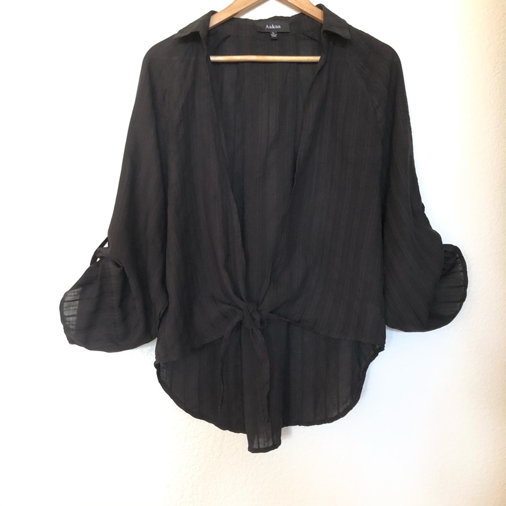 Aakaa Roll Sleeve Tie Front Black Top ~ Size L - Picture 3 of 13